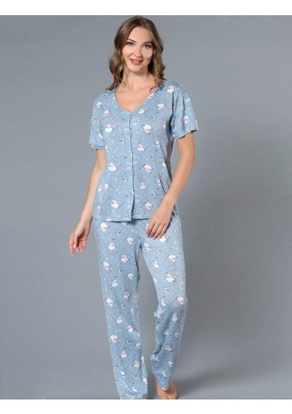 Boydan Düğmeli Gömlek Yazlık Kısa Kol Yakasız Pijama Takımı Dowry 08-115 modelleri