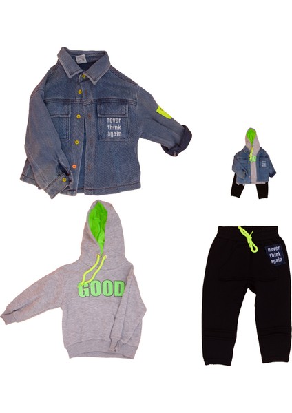 Erkek Çocuk 3'Lü Takım Kot Ceket & Kapşonlu Sweet & Pantolon Eşofman