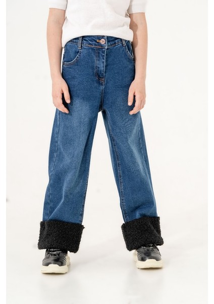 Kız Çocuk Paçası Peluşlu Kot Pantolon G2155