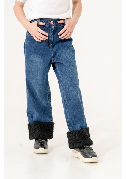 Kız Çocuk Paçası Peluşlu Kot Pantolon G2155 modelleri