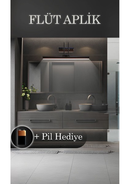 Pilli Mat Siyah Flüt Aplik Banyo Ayna Üstü LED Aydınlatma Beyaz Işık 6500K