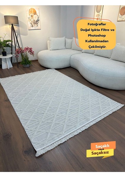 Milas C6 Beyaz Kabartmalı Kaymaz Taban Modern Geometrik Desenli Salon Koridor Mutfak Halısı