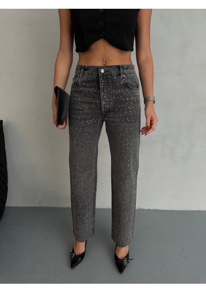 Kadın Taşlı Premium Gri Kot Pantolon
