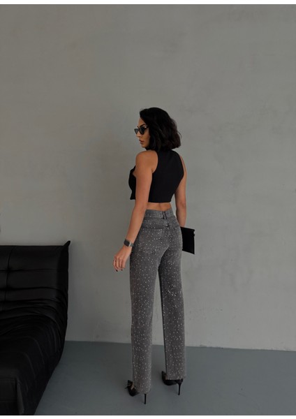 Kadın Taşlı Premium Gri Kot Pantolon modelleri