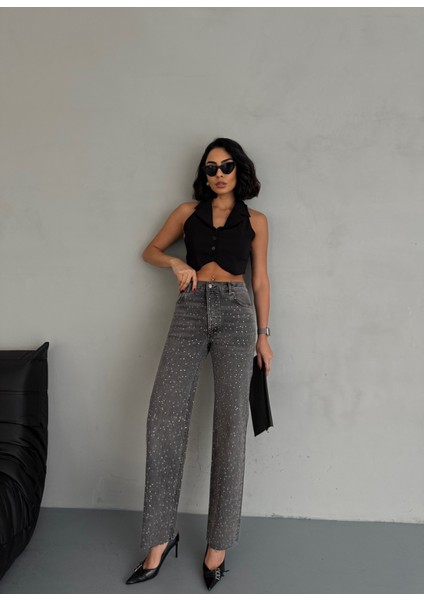Kadın Taşlı Premium Gri Kot Pantolon fırsatları