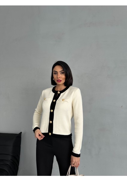 Kadın Gold Düğmeli Şerit Detaylı Triko Hırka