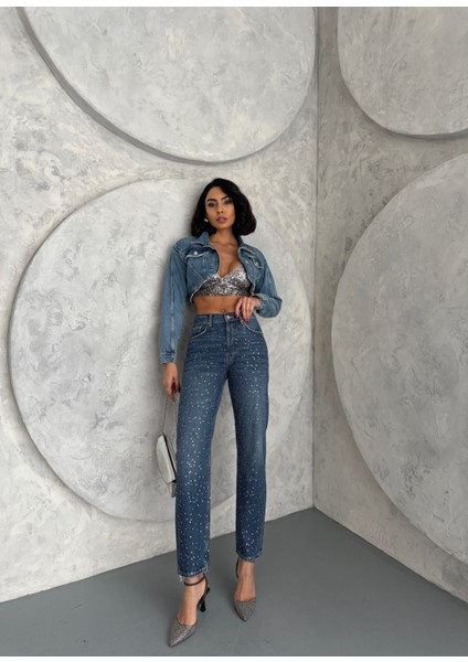 Kadın Taşlı Premium Mavi Kot Pantolon indirimleri