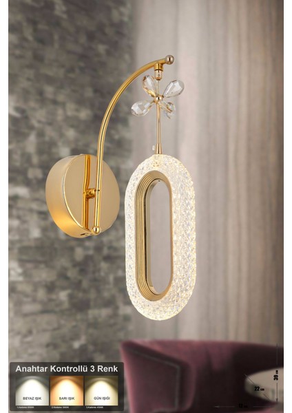 Sessi Power Ledli Modern Lüks Duvar Aplik, 3 Renk: Sarı-Beyaz-Gün Işığı - Gold