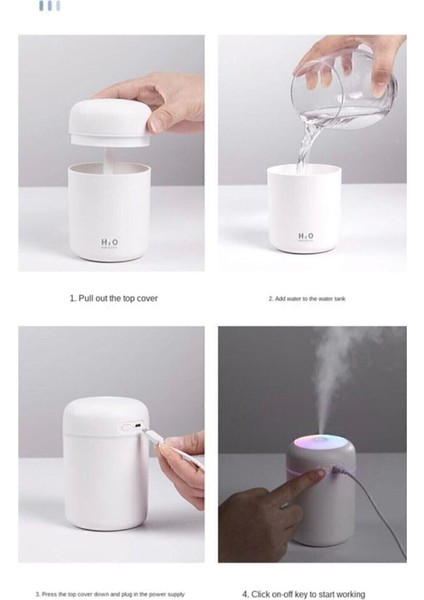 H2O Humidifier 300 ml Ulrasonik Hava Nemlendirici Buhar Makinesi ve Aroma Difüzörü H2O