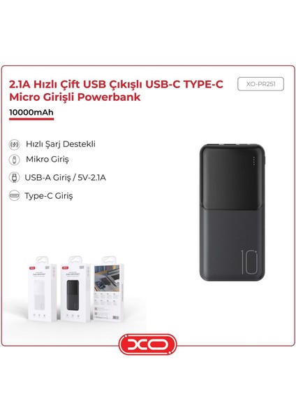 2.1A Hızlı Çift USB Çıkışlı Type-C Micro Girişli 10000 Mah Taşınabilir Şarj Aleti Powerbank PR251