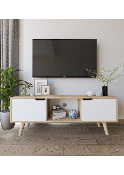Siena Ahşap Ayaklı Tv Ünitesi Safir Meşe-Beyaz Televizyon Konsolu 140 cm Ekonomi