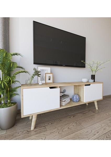 Siena Ahşap Ayaklı Tv Ünitesi Safir Meşe-Beyaz Televizyon Konsolu 140 cm Ekonomi fiyatları