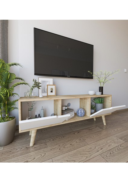 Siena Ahşap Ayaklı Tv Ünitesi Safir Meşe-Beyaz Televizyon Konsolu 140 cm Ekonomi modelleri
