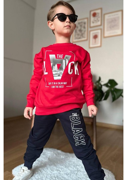 Erkek Çocuk The Black Yazı ve Figür Detaylı Kırmızı Eşofman Takım