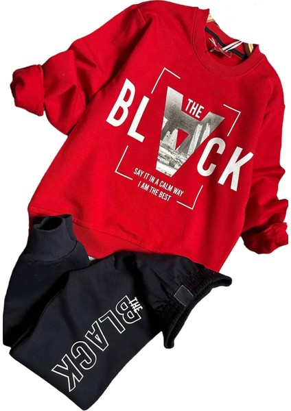 Erkek Çocuk The Black Yazı ve Figür Detaylı Kırmızı Eşofman Takım fırsatları