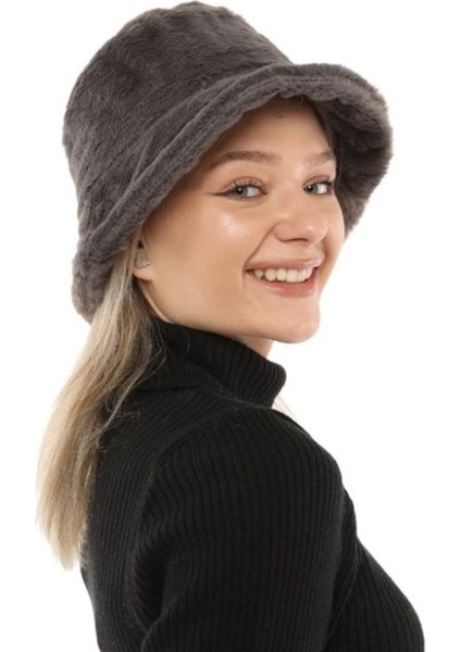 Kadın Peluş Şapka Bucket Model Kış Foter Şapka