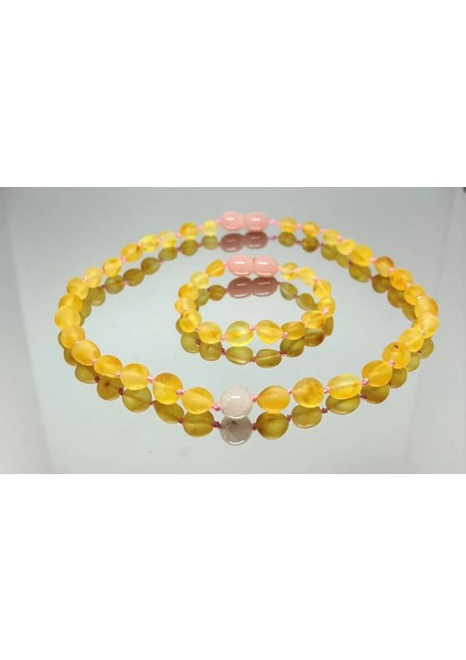 Damla Kehribar Pembe Kuvarslı Mat Limon Bebek Kolye Bileklik Set modelleri