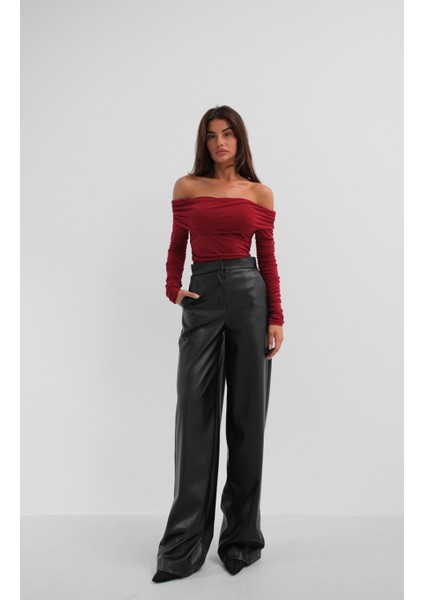 Omuz Dekolte Straplez Bordo Bluz