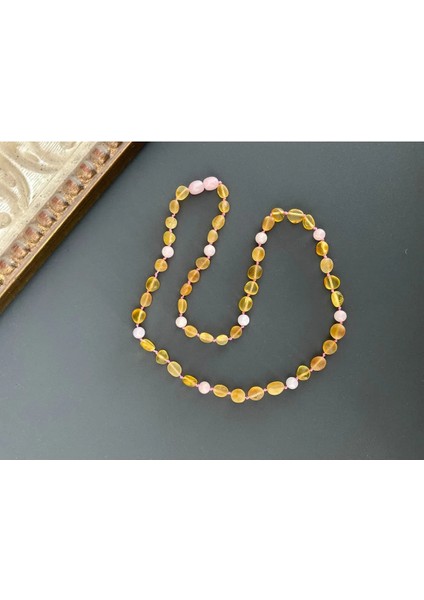 Damla Kehribar Pembe Kuvarslı Mat Limon Kolye 50 cm