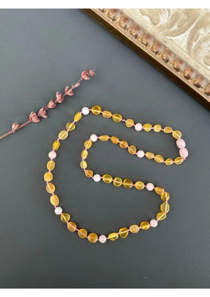 Damla Kehribar Pembe Kuvarslı Mat Limon Kolye 50 cm fiyatları