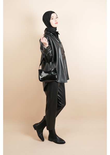 Bayan Deri Gömlek Tek Cepli Düğmeli Gömlek Siyah fiyatları