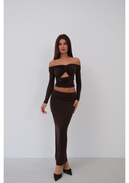 Göğüs Büzgülü Straplez Kahverengi Bluz