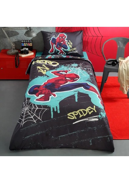 Lisanslı Kapitoneli Pamuk Tek Kişilik Çocuk Yatak Örtüsü (160 x 230)SPIDERMAN Street Gri
