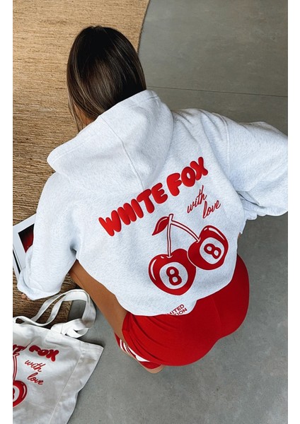 The Champ Clothing White Fox Kadın Gri Melanj With Love In The Moment Baskılı Kapüşonlu Kanguru Cepli Oversize Hoodie