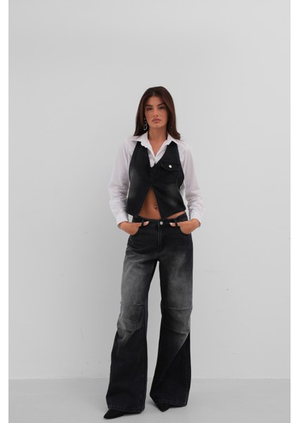 Asimetrik Denim Siyah Yelek