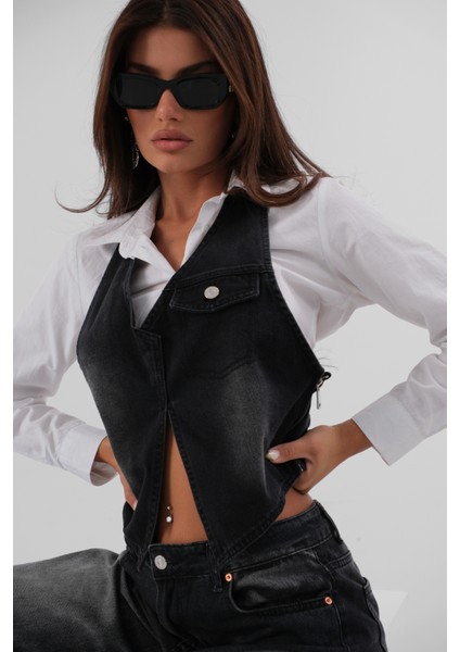 Asimetrik Denim Siyah Yelek modelleri