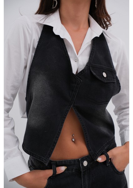 Asimetrik Denim Siyah Yelek fırsatları