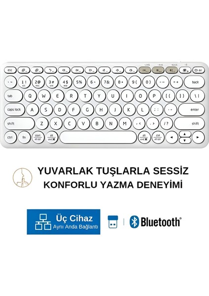 K231 Çift Modlu Kablosuz 2.4ghz & Bluetooth V5.0 Şarj Edilebilir Sessiz Q Klavye Beyaz (Ramwhite Türkiye Garantili)