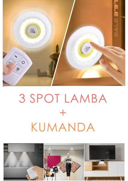 Minimalist Mutfak Dolap Içi Spot Lamba Şık Tasarım 3'lü Beyaz Kumandalı Pilli Lambader