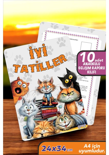 10 Adet Kedi Temalı A4 Anaokulu Karne Kılıfı Kabı Karne Süsleme 24X34