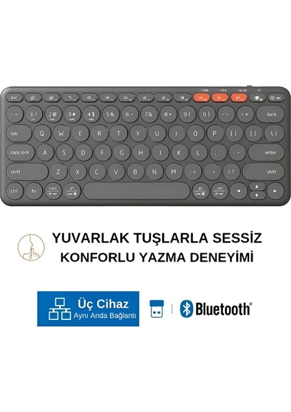 K231 Çift Modlu Kablosuz 2.4ghz & Bluetooth V5.0 Şarj Edilebilir Sessiz Q Klavye Gri (Ramwhite Türkiye Garantili)