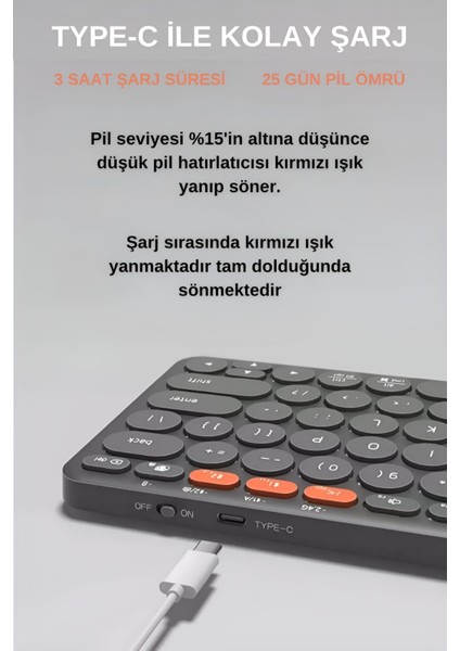 K231 Çift Modlu Kablosuz 2.4ghz & Bluetooth V5.0 Şarj Edilebilir Sessiz Q Klavye Gri (Ramwhite Türkiye Garantili)