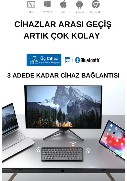 K231 Çift Modlu Kablosuz 2.4ghz & Bluetooth V5.0 Şarj Edilebilir Sessiz Q Klavye Gri (Ramwhite Türkiye Garantili)