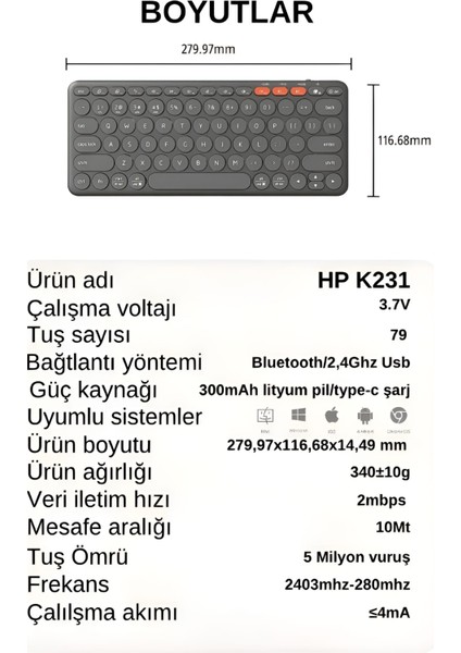 K231 Çift Modlu Kablosuz 2.4ghz & Bluetooth V5.0 Şarj Edilebilir Sessiz Q Klavye Gri (Ramwhite Türkiye Garantili)