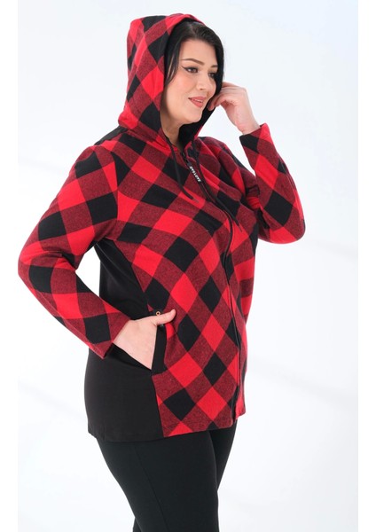 Kapüşonlu Büyük Beden Kadın Oduncu Gömlek Ekose