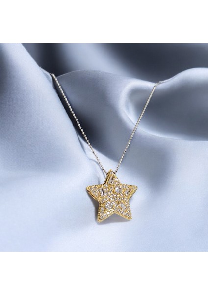 Silver Zincir Gold Taşlı Yıldız Çelik Kolye