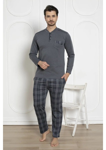 Erkek Ekose Desen Likralı Pamuk Uzun Kol Kışlık Interlok Göğüs Cepli Pijama Takımı