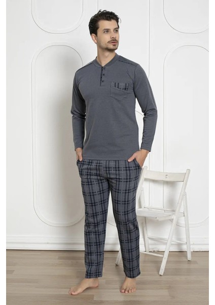 Erkek Ekose Desen Likralı Pamuk Uzun Kol Kışlık Interlok Göğüs Cepli Pijama Takımı modelleri