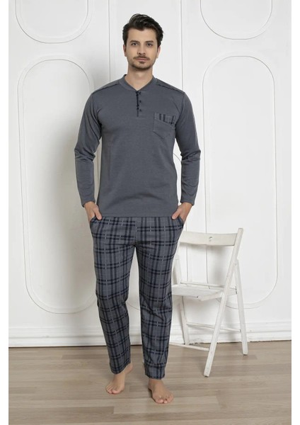 Erkek Ekose Desen Likralı Pamuk Uzun Kol Kışlık Interlok Göğüs Cepli Pijama Takımı fırsatları