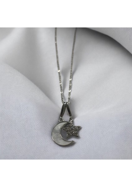 Silver Sedefli Ay Taşlı Yıldız Çelik Kolye