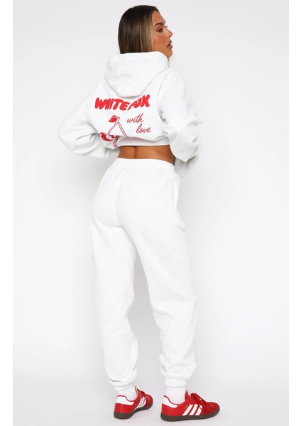 White Fox Kadın Gri Melanj With Love Baskılı Lastik Paça Pamuk Eşofman Altı modelleri