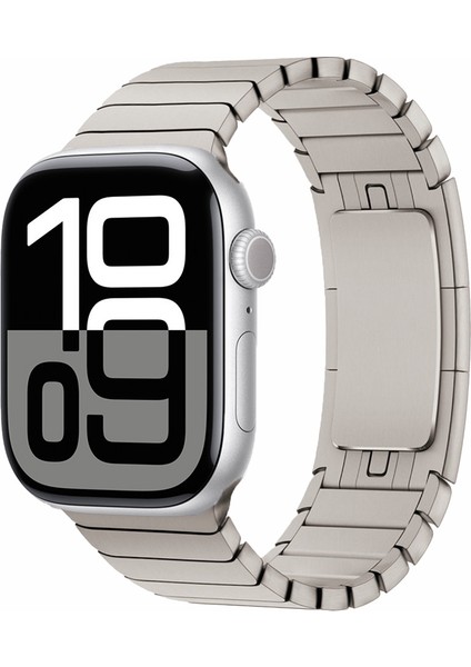 Apple Watch Se 2 2022 44MM Kordon Yandan Çıtçıtlı Metal Parçalı Çizgi Dizayn KRD35 Titanyum Gri