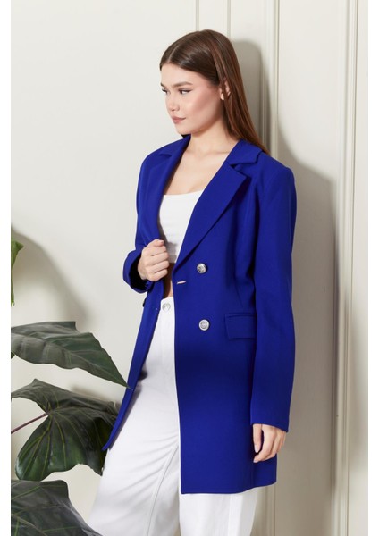 Kadın Oversize Geniş Kalıp Dört Düğmeli Cepli Basic Düz Blazer Ceket - Saks Mavi