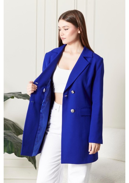 Kadın Oversize Geniş Kalıp Dört Düğmeli Cepli Basic Düz Blazer Ceket - Saks Mavi