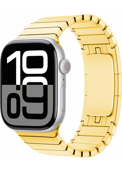 Apple Watch 10 46MM Kordon Yandan Çıtçıtlı Metal Parçalı Çizgi Dizayn KRD35 Gold
