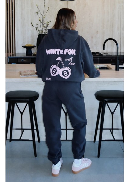 White Fox Kadın Füme With Love Baskılı Lastik Paça Kapüşonlu Kanguru Cepli Eşofman Takımı